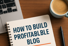 A creative digital illustration showing blogging, SEO, and growth strategy for building a profitable blog