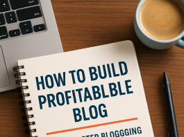 A creative digital illustration showing blogging, SEO, and growth strategy for building a profitable blog