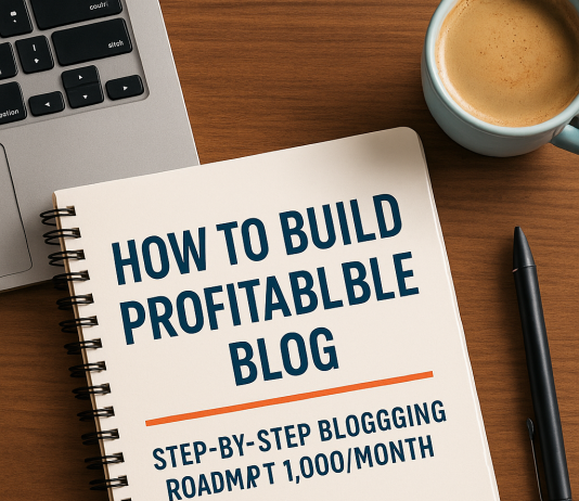 A creative digital illustration showing blogging, SEO, and growth strategy for building a profitable blog