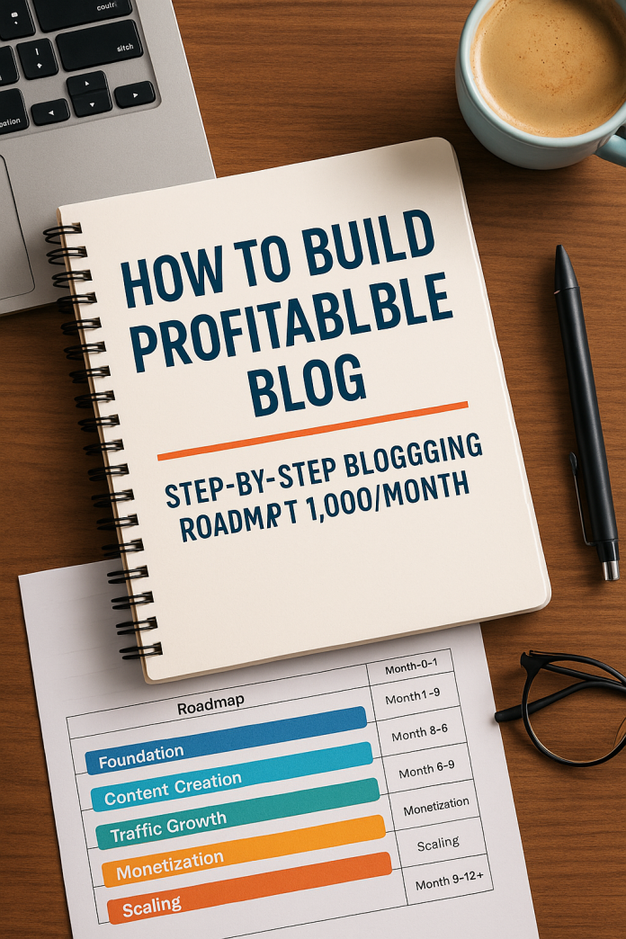 A creative digital illustration showing blogging, SEO, and growth strategy for building a profitable blog