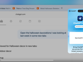 Screenshot of ChatGPT Atlas browser showing AI opening Halloween decor pages with voice-like command interaction.