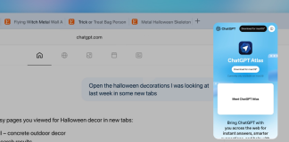 Screenshot of ChatGPT Atlas browser showing AI opening Halloween decor pages with voice-like command interaction.