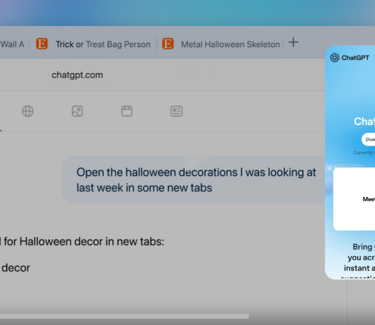 Screenshot of ChatGPT Atlas browser showing AI opening Halloween decor pages with voice-like command interaction.