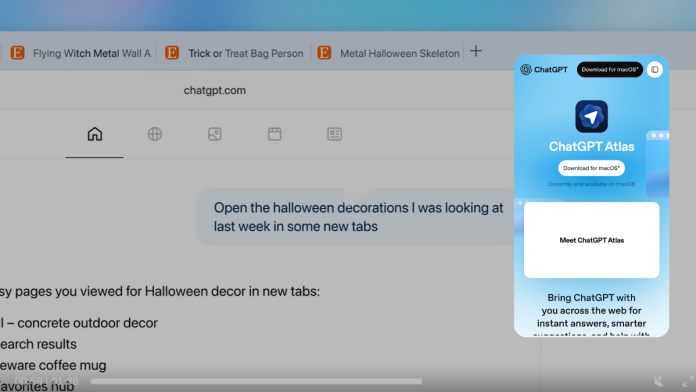 ChatGPT Atlas AI Browser in Action – Smart Web Navigation Example Screenshot of ChatGPT Atlas browser showing AI opening Halloween decor pages with voice-like command interaction.