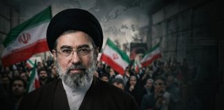 Iran’s Supreme Leader shown against a tense crowd background as reports claim a secret location and courier network are slowing U.S. deal talks.