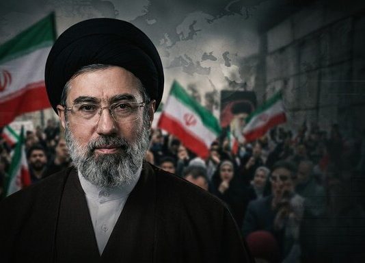 Iran’s Supreme Leader shown against a tense crowd background as reports claim a secret location and courier network are slowing U.S. deal talks.